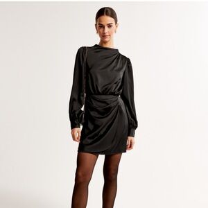Long-Sleeve Satin Draped High-Neck Mini Dress